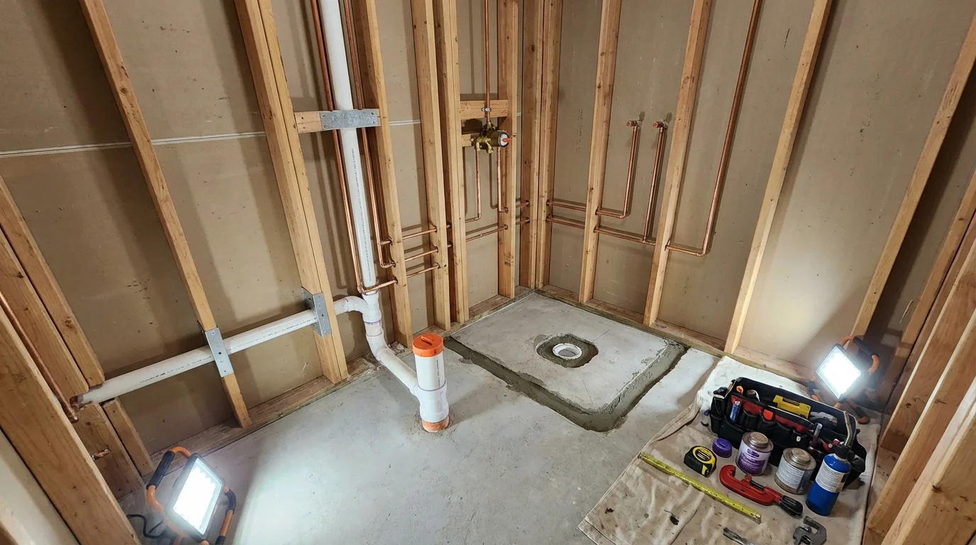 Bathroom rough-in plumbing during remodel by Johns Plumbing LLC in Deer Isle