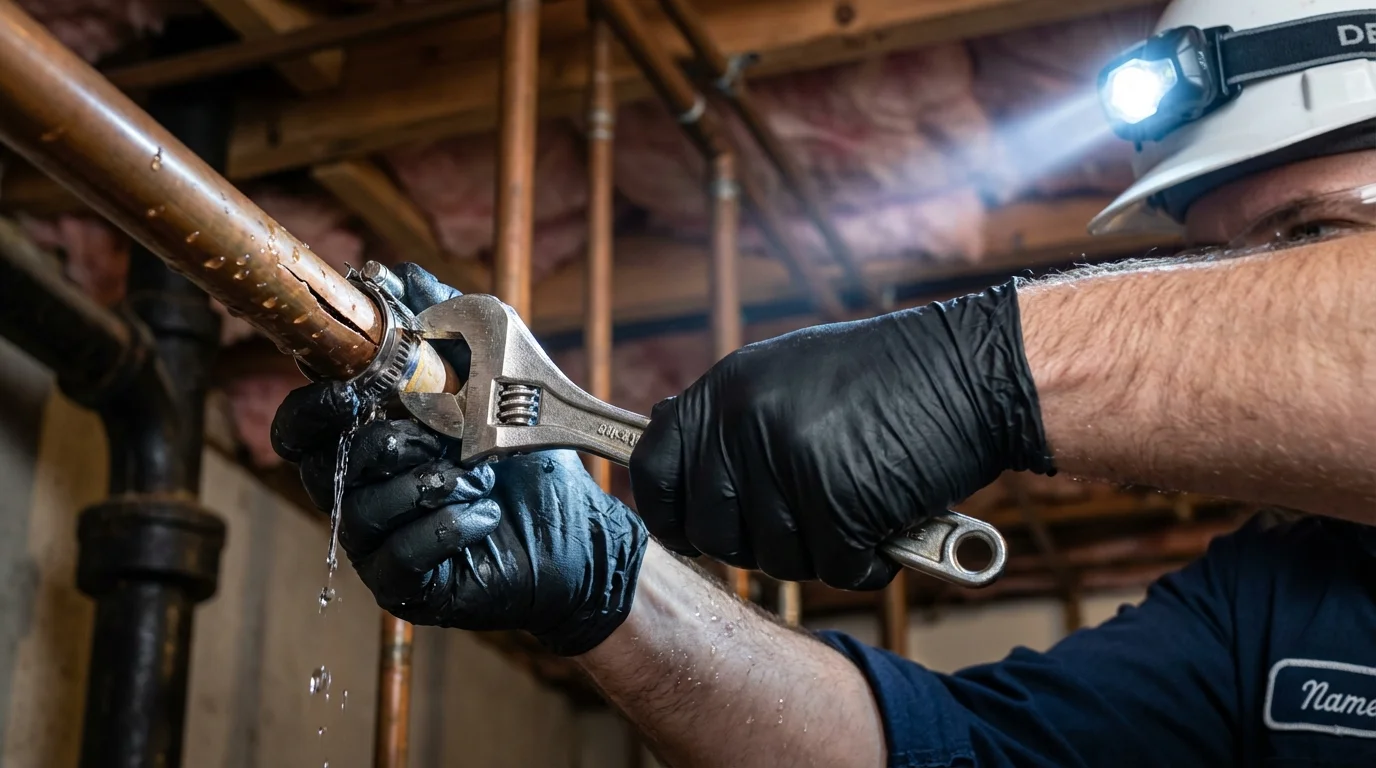 Emergency pipe clamp repair being performed by a Johns Plumbing LLC plumber in Deer Isle