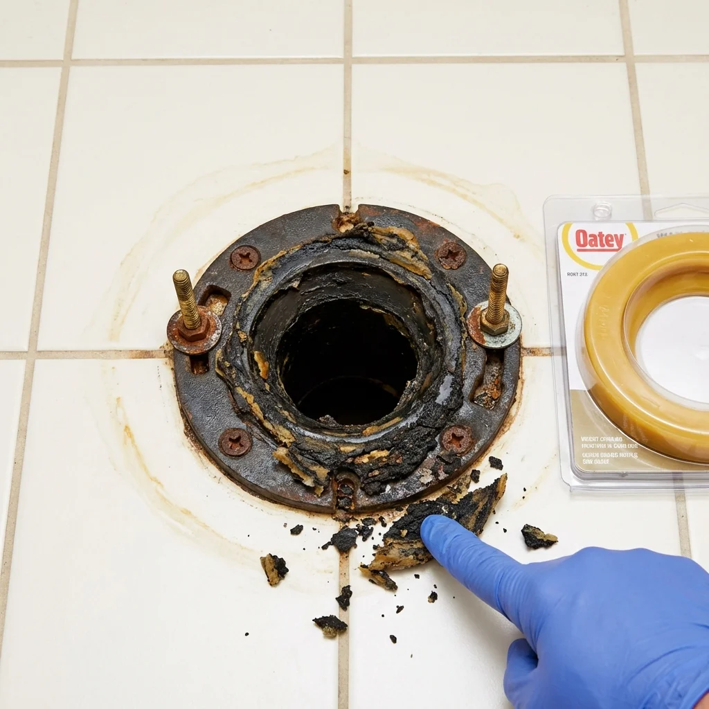 Failed wax ring showing water seepage at the base of a toilet in a Deer Isle, ME home