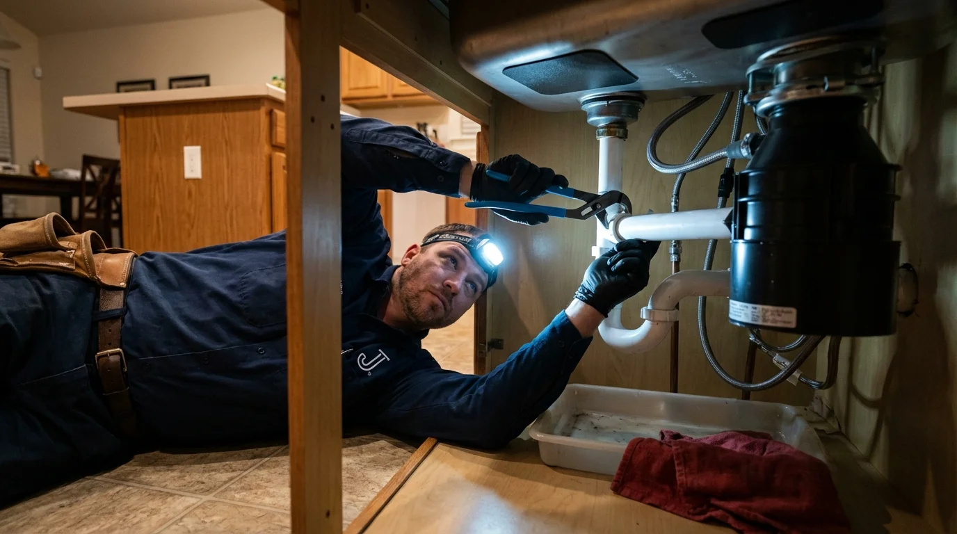 P-trap and supply line connections under a kitchen sink showing a common leak point in Deer Isle, ME